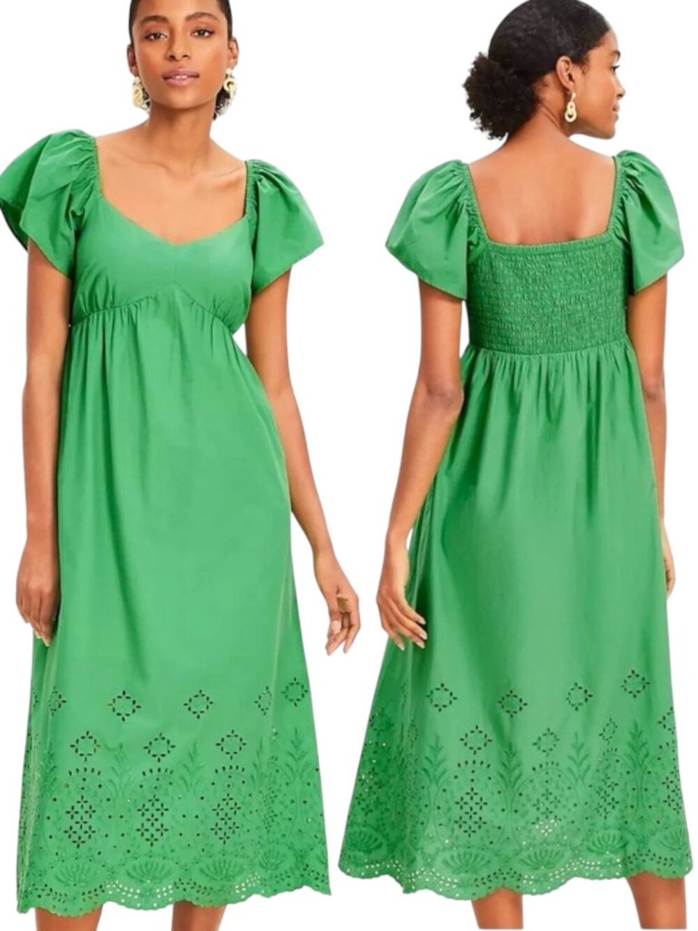 LOFT Eyelet Babydoll Midi Dress Sz S Kelly Green Cotton Smocked Feminine